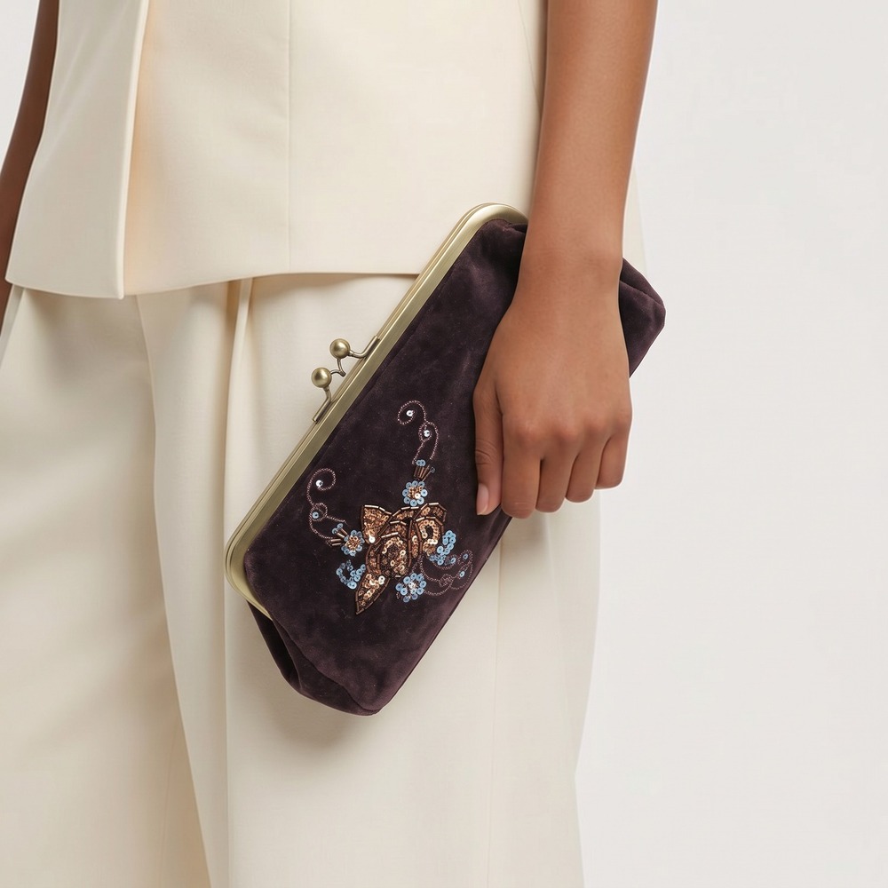 Y2K Express Kiss Lock Clutch Bag Embroidered Beaded Brown Velvet Fairycore Fall